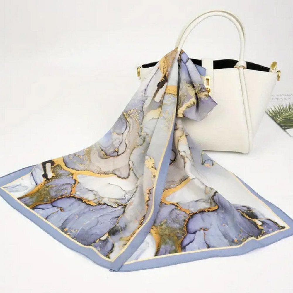 100% Mulberry Silk marble Print Scarf Lightweight Silky Shawl 14×51"